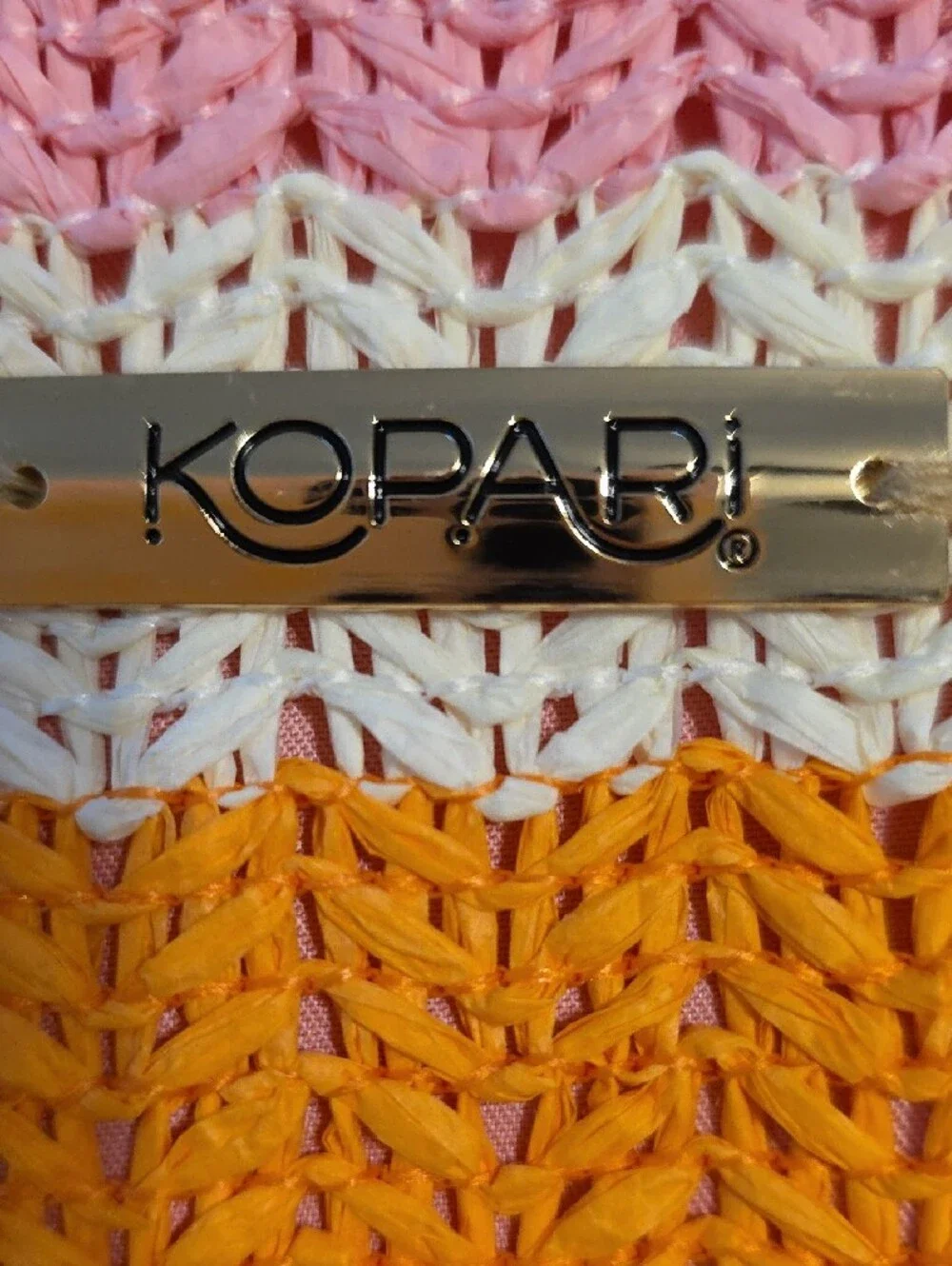 Kopari Pink, Orange & White Striped Woven Tote with Tan Handles